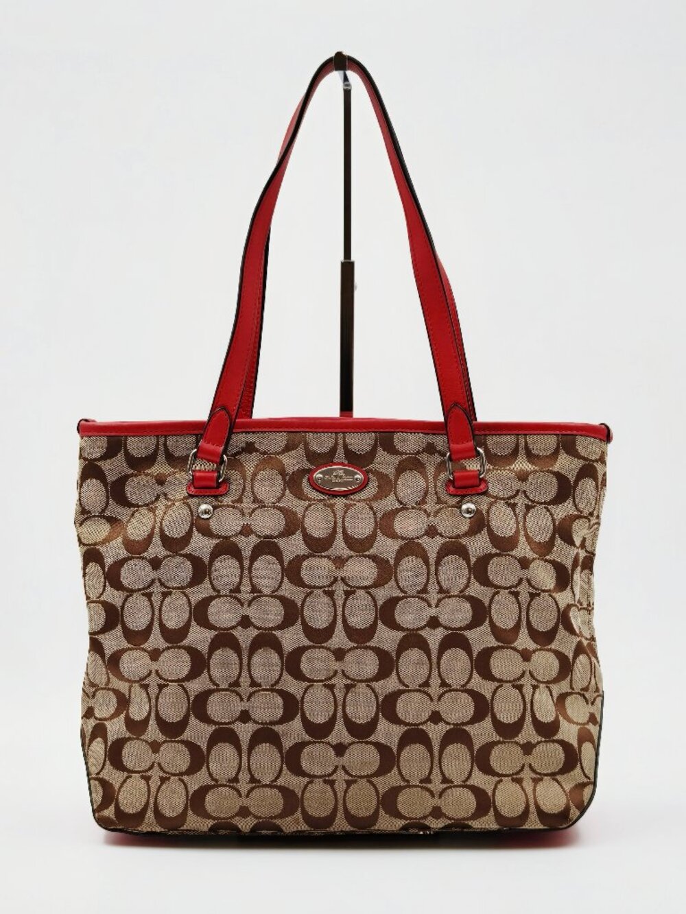 Coach Signature C Tote Bag Brown Canvas Red Leather Shoulder Bag